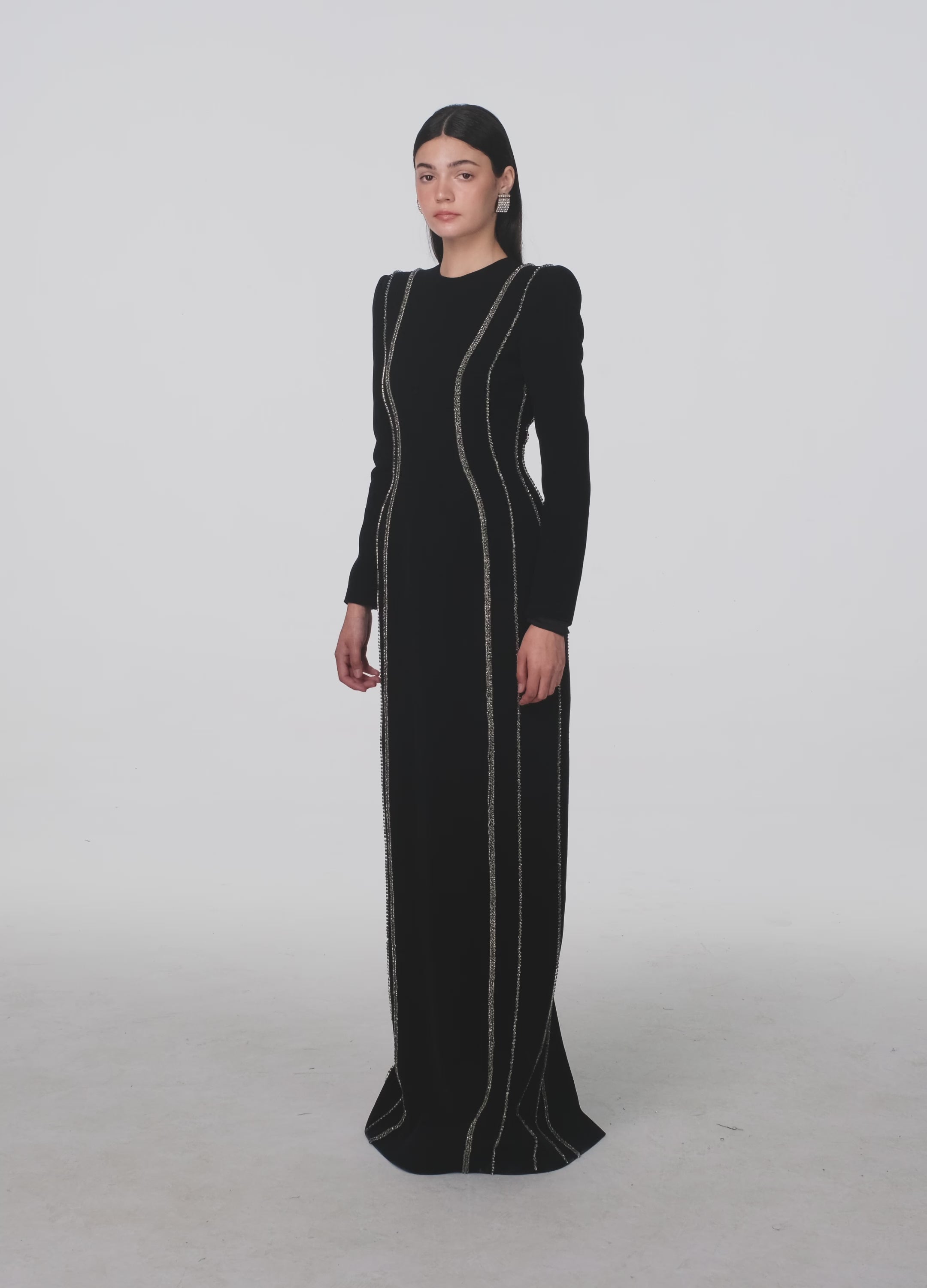 Crystal Embellished Long Sleeve Bodycon Full Dress